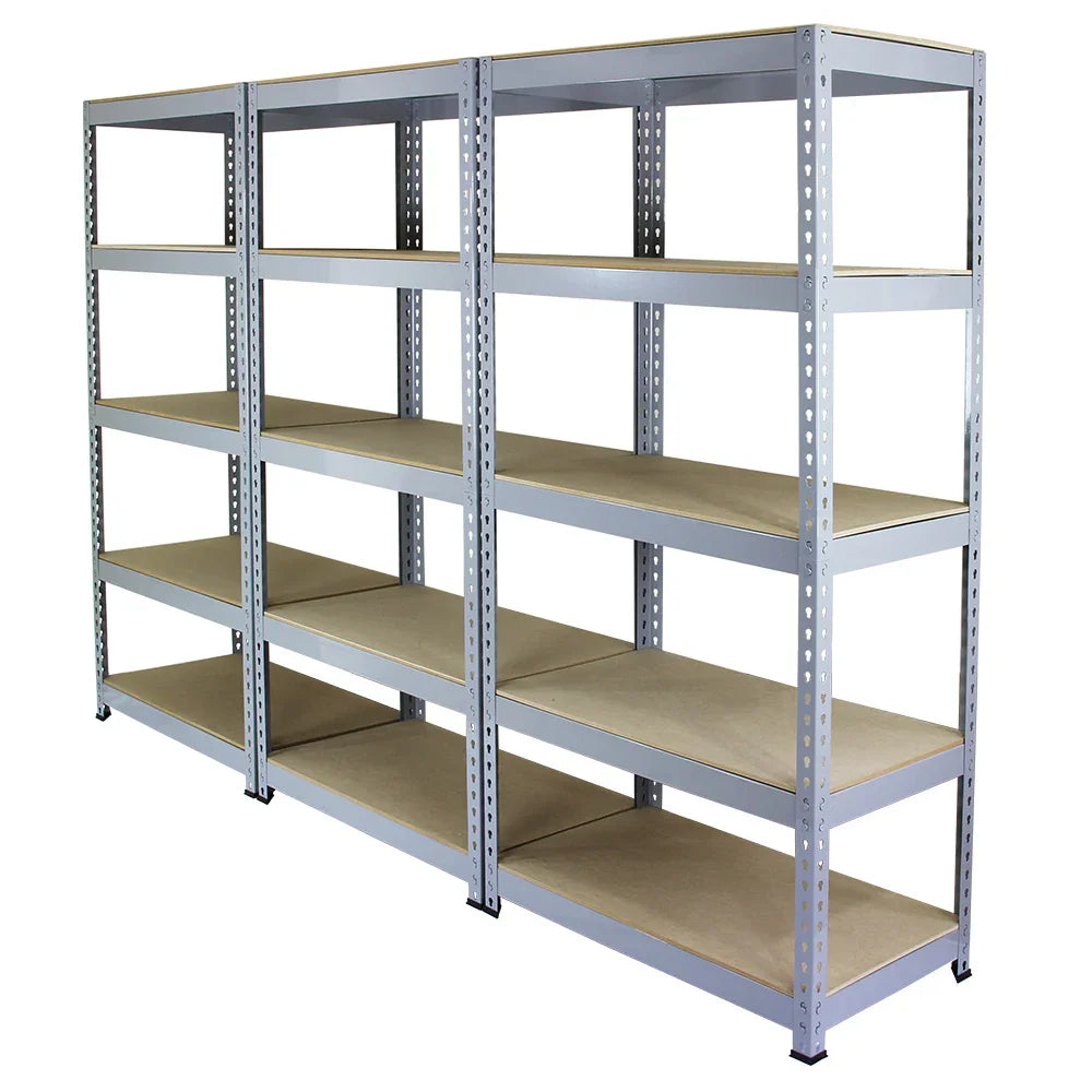 Q-Rax grey shelving unit with six sturdy shelves, made of metal with a smooth finish, ideal for storage and organization in any space