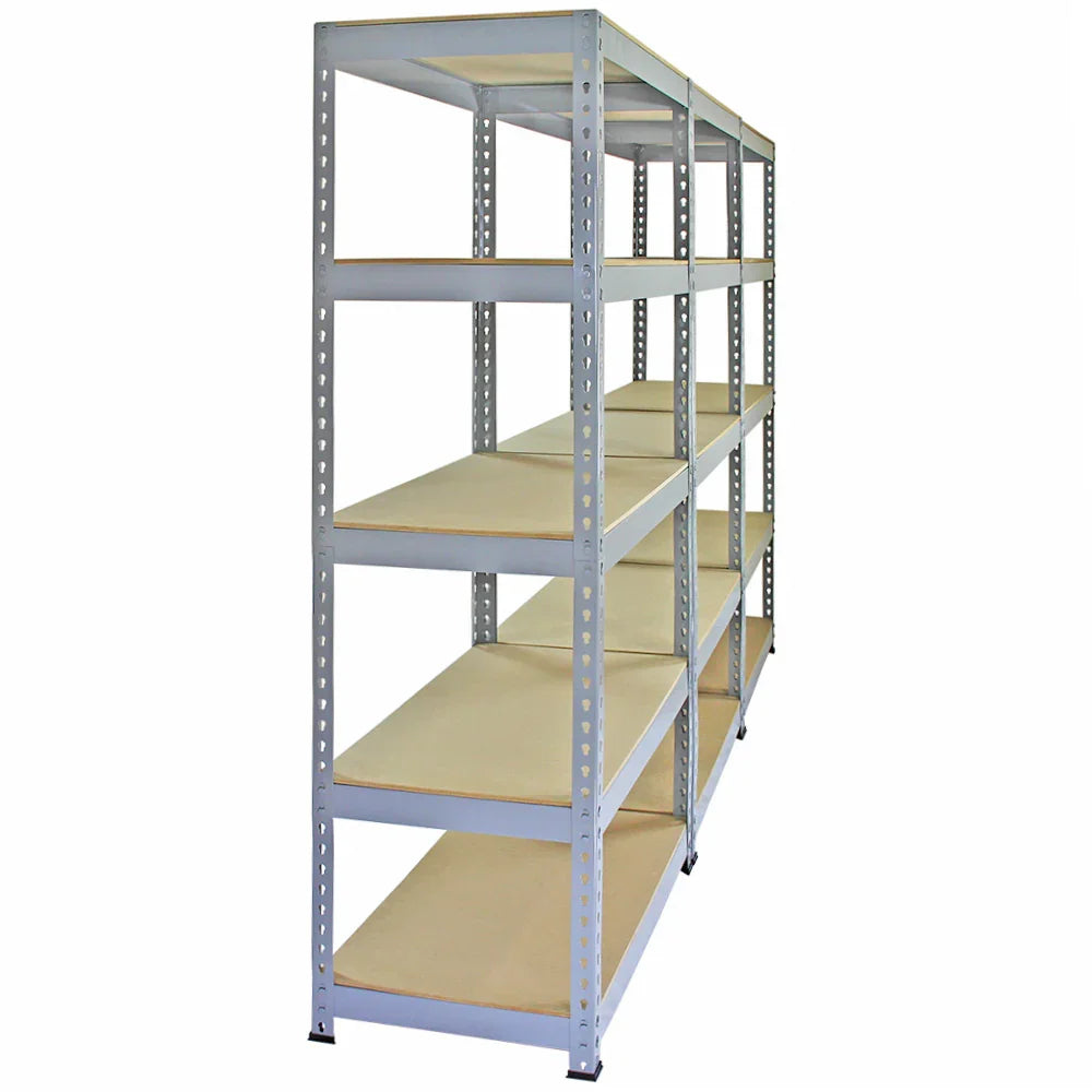 Grey metal racking unit with six spacious shelves, measuring 90 x 50 x 180cm, ideal for storage and organization in various spaces