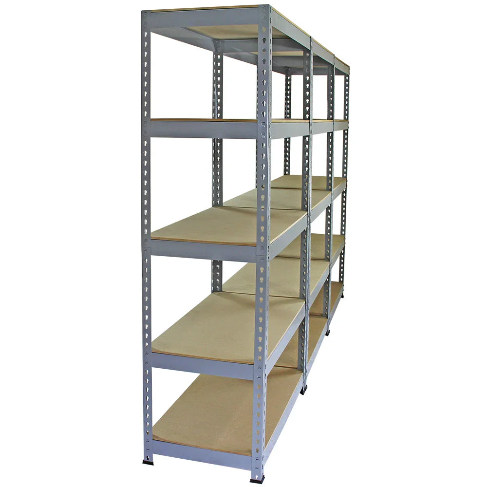 Grey Q-Rax shelving unit with six sturdy shelves, featuring a metal frame and smooth, flat surfaces, ideal for storage and organization
