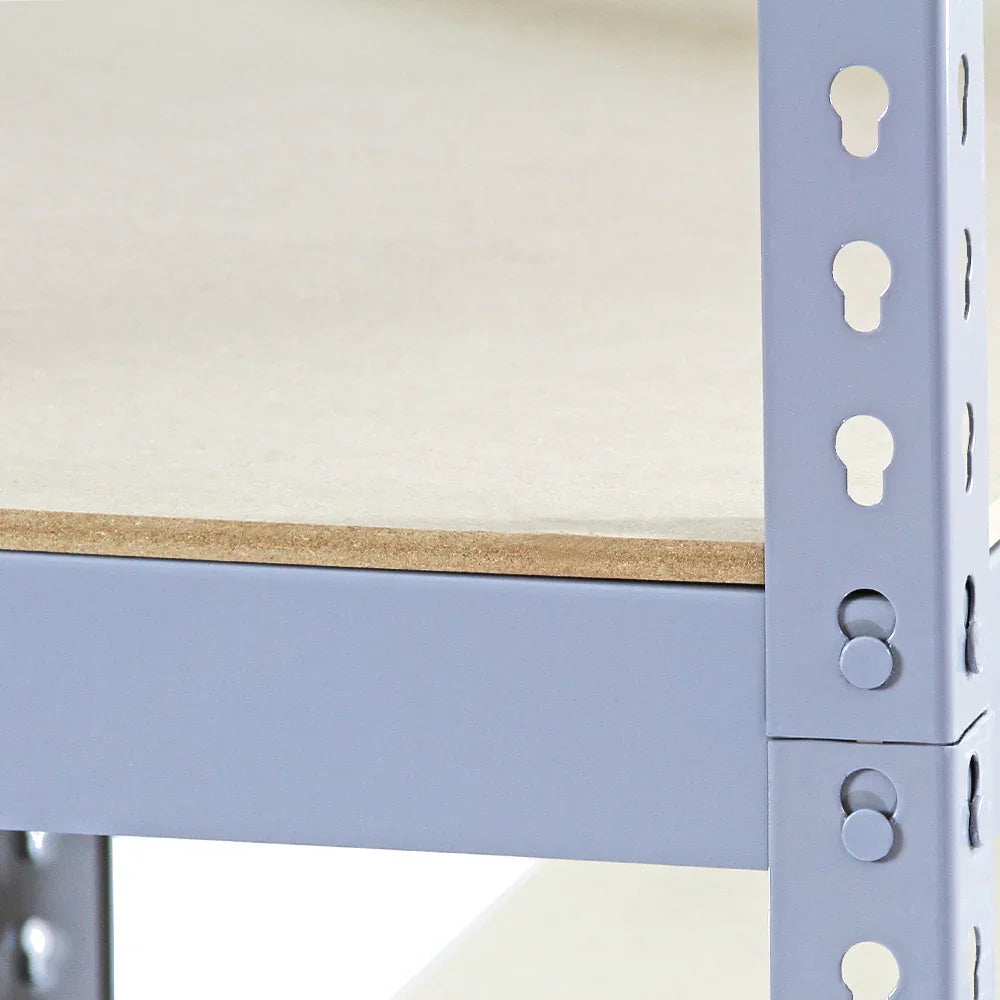 Grey metal racking unit showcasing a sturdy design with a smooth MDF shelf, ideal for organizing storage spaces and maximizing utility