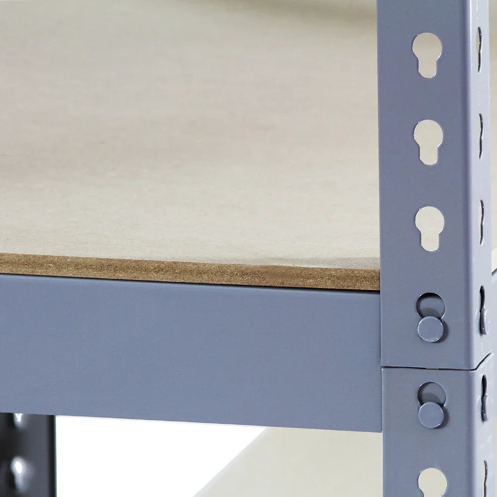 Grey Q-Rax shelving unit showcasing a sturdy metal frame with smooth, light wood shelves and adjustable height options