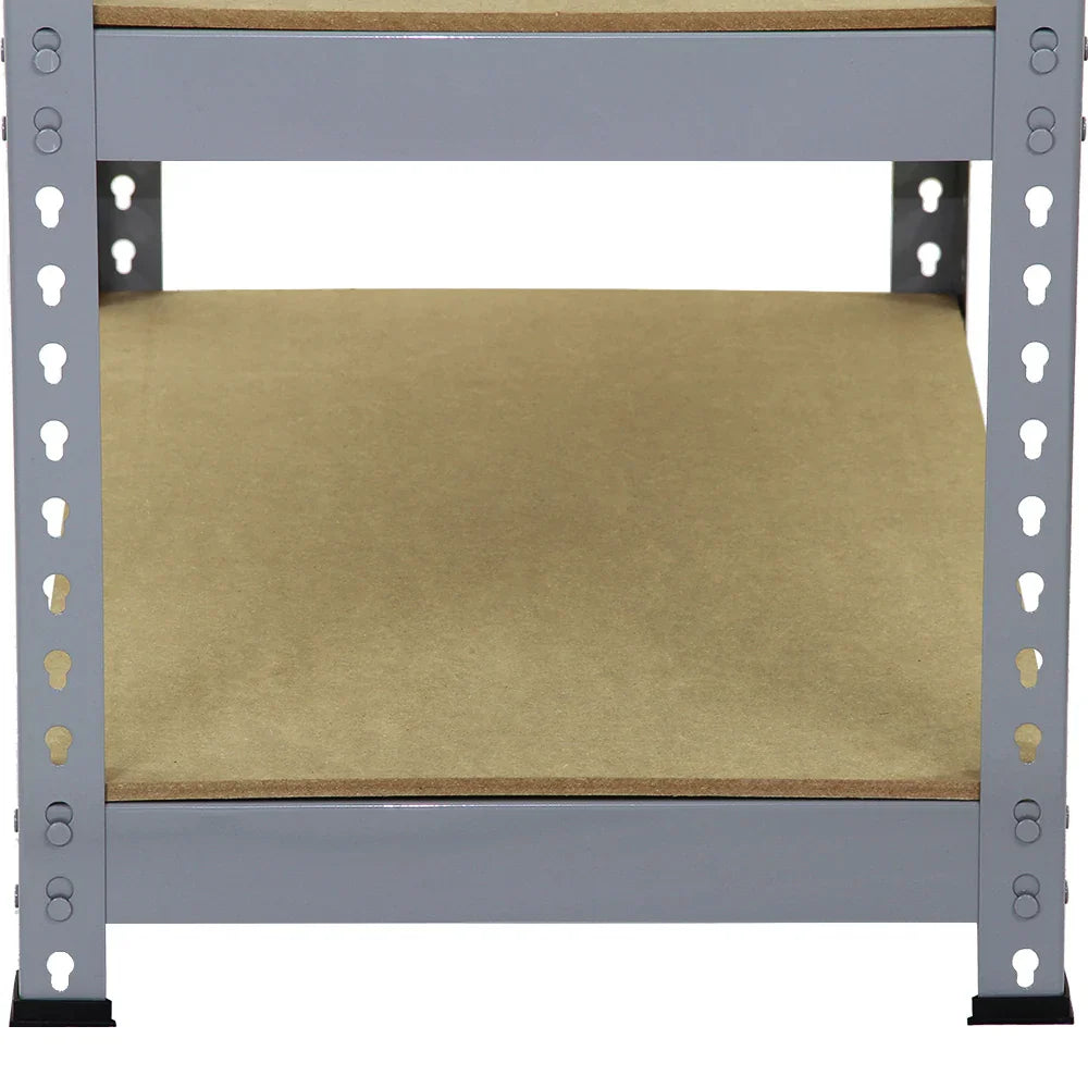 Grey Q-Rax shelving unit with sturdy metal frame and smooth, light brown particle board shelves, ideal for storage and organization