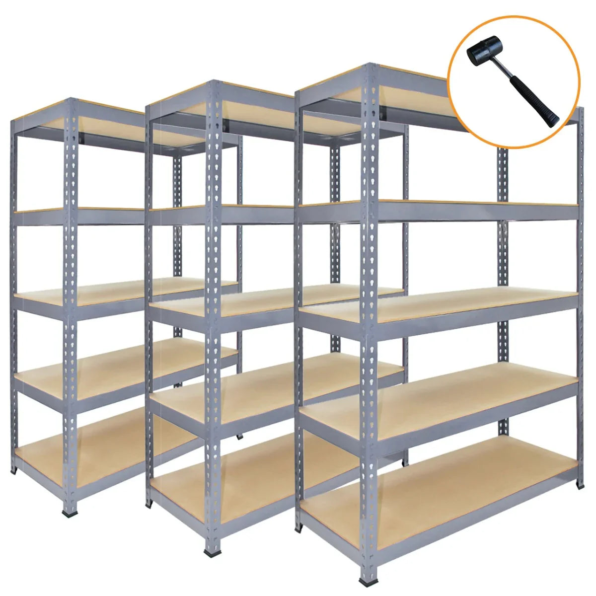 Three grey metal racking units with wooden shelves, each measuring 90 x 50 x 180cm, ideal for storage and organization