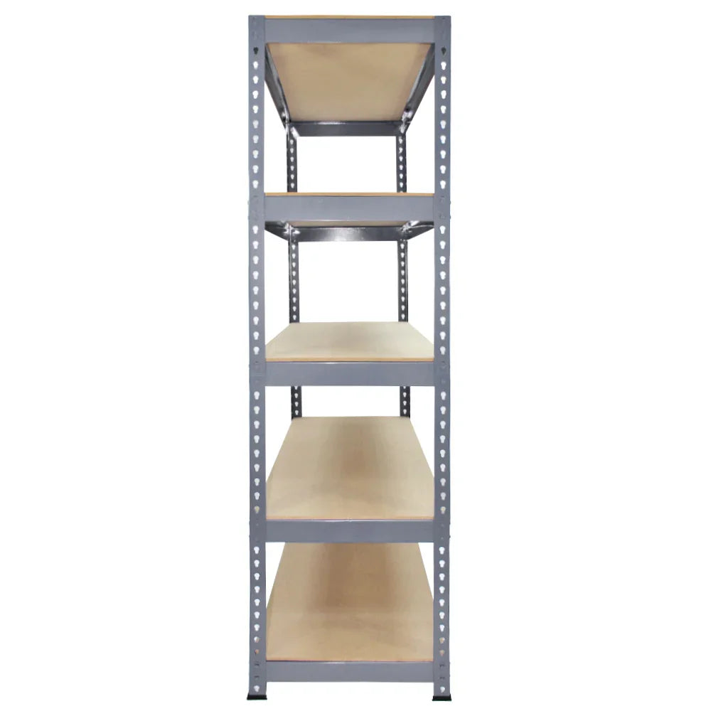 Grey metal racking unit with five sturdy shelves, measuring 90 x 50 x 180cm, featuring a sleek, industrial design and smooth surfaces