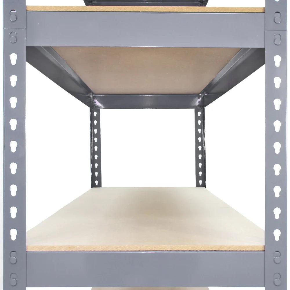 Grey metal racking unit with three shelves, featuring a sturdy design and smooth wooden surfaces, ideal for storage solutions
