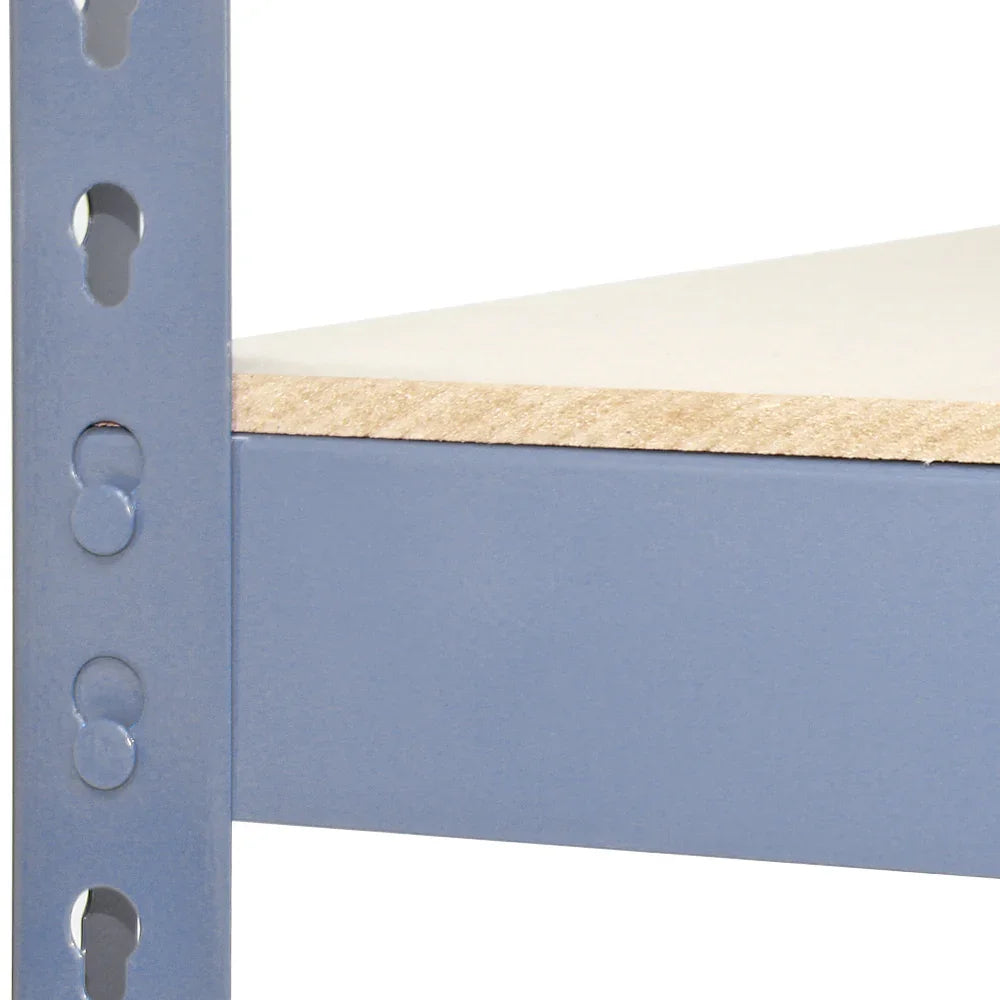 Grey metal racking unit corner detail showcasing sturdy construction, smooth surface, and adjustable shelving for versatile storage