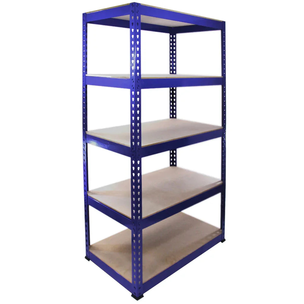 Q-Rax blue shelving unit with five sturdy wooden shelves, measuring 90cm x 180cm x 50cm, ideal for storage and organization