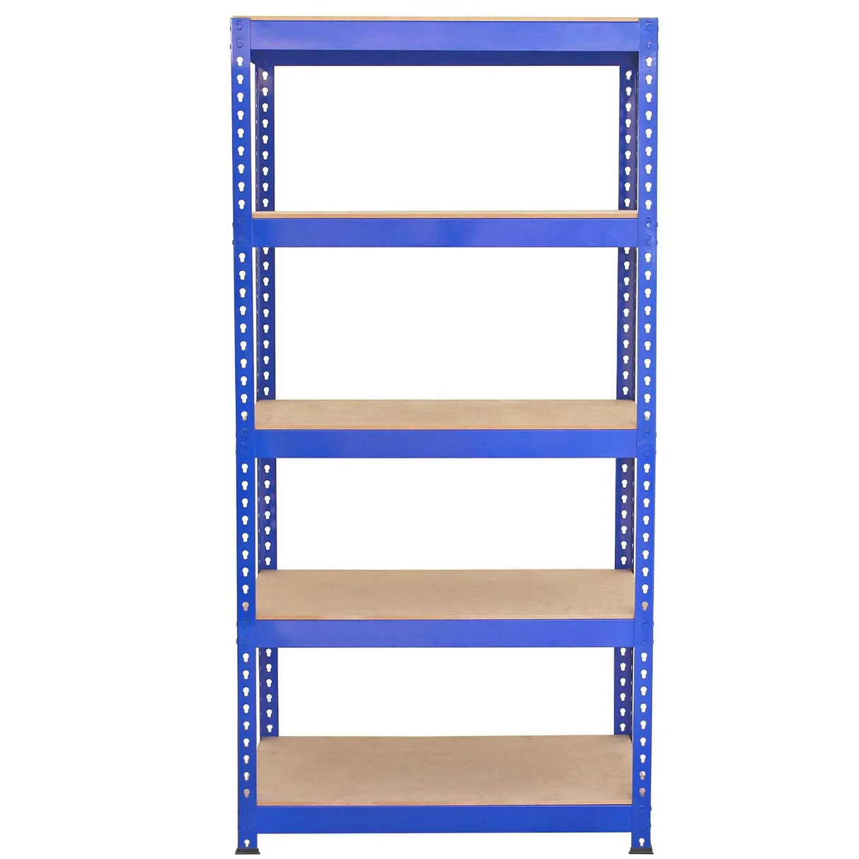 Sturdy blue metal shelving unit with five wooden shelves, measuring 90 x 50 x 180cm, ideal for storage and organization