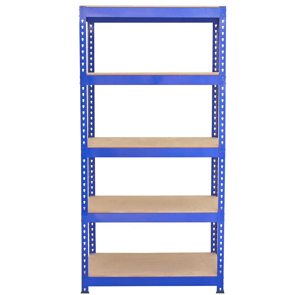Q-Rax blue shelving unit with five sturdy wooden shelves, measuring 90cm x 180cm x 50cm, ideal for storage and organization