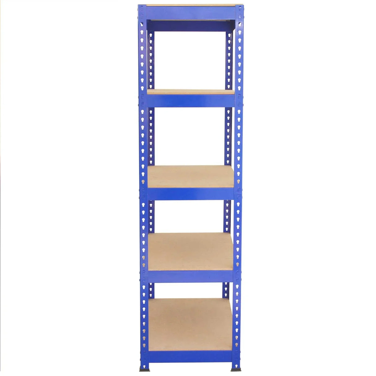 Blue metal racking unit with five sturdy shelves, measuring 90 x 50 x 180cm, ideal for storage and organization in various spaces