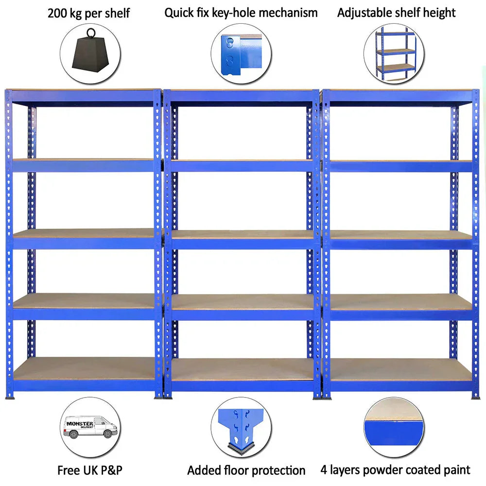 Q-Rax blue shelving unit with six adjustable shelves, sturdy metal frame, and a quick fix key-hole mechanism for easy assembly