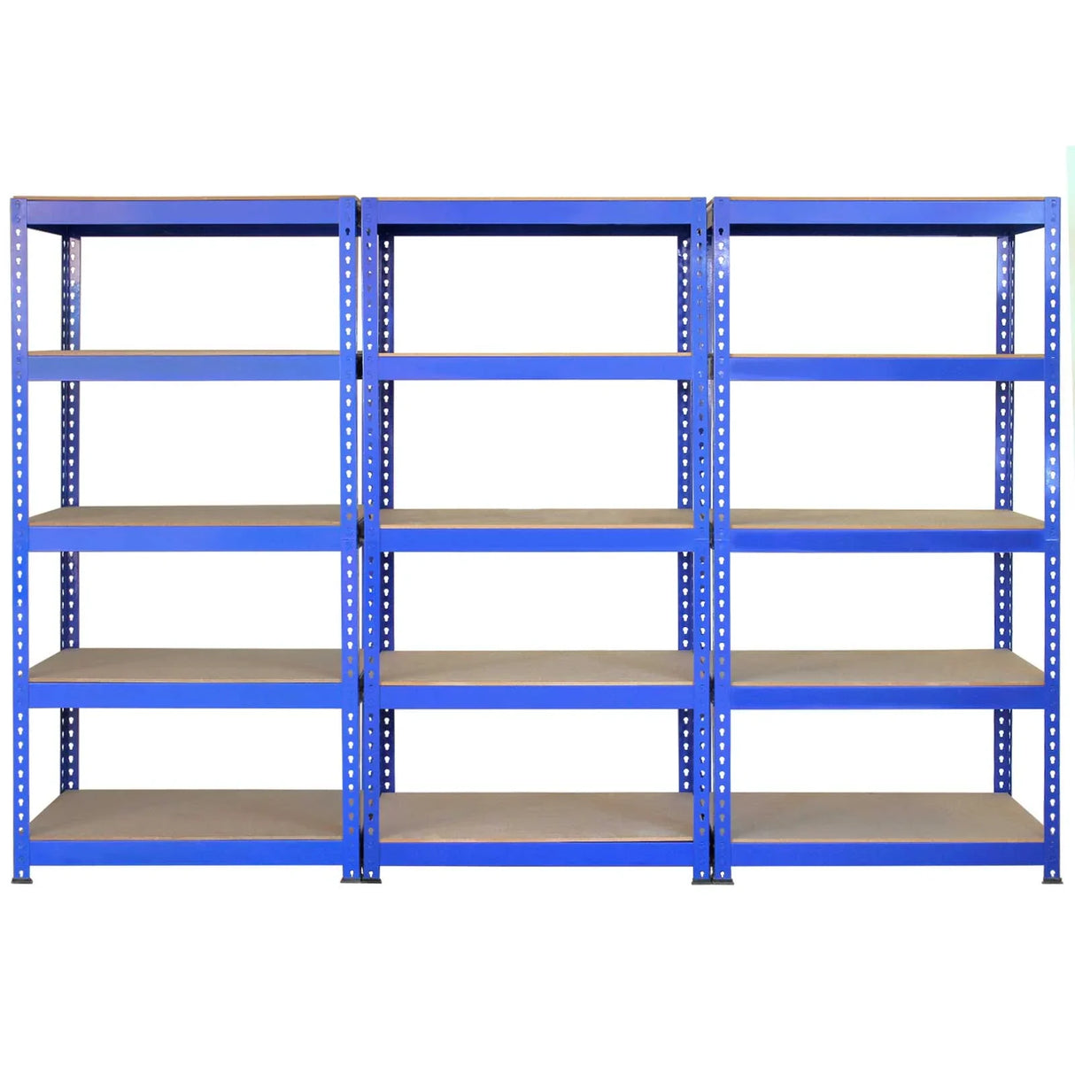 Three blue metal racking units with sturdy shelves, measuring 90 x 50 x 180cm, ideal for storage and organization in various spaces