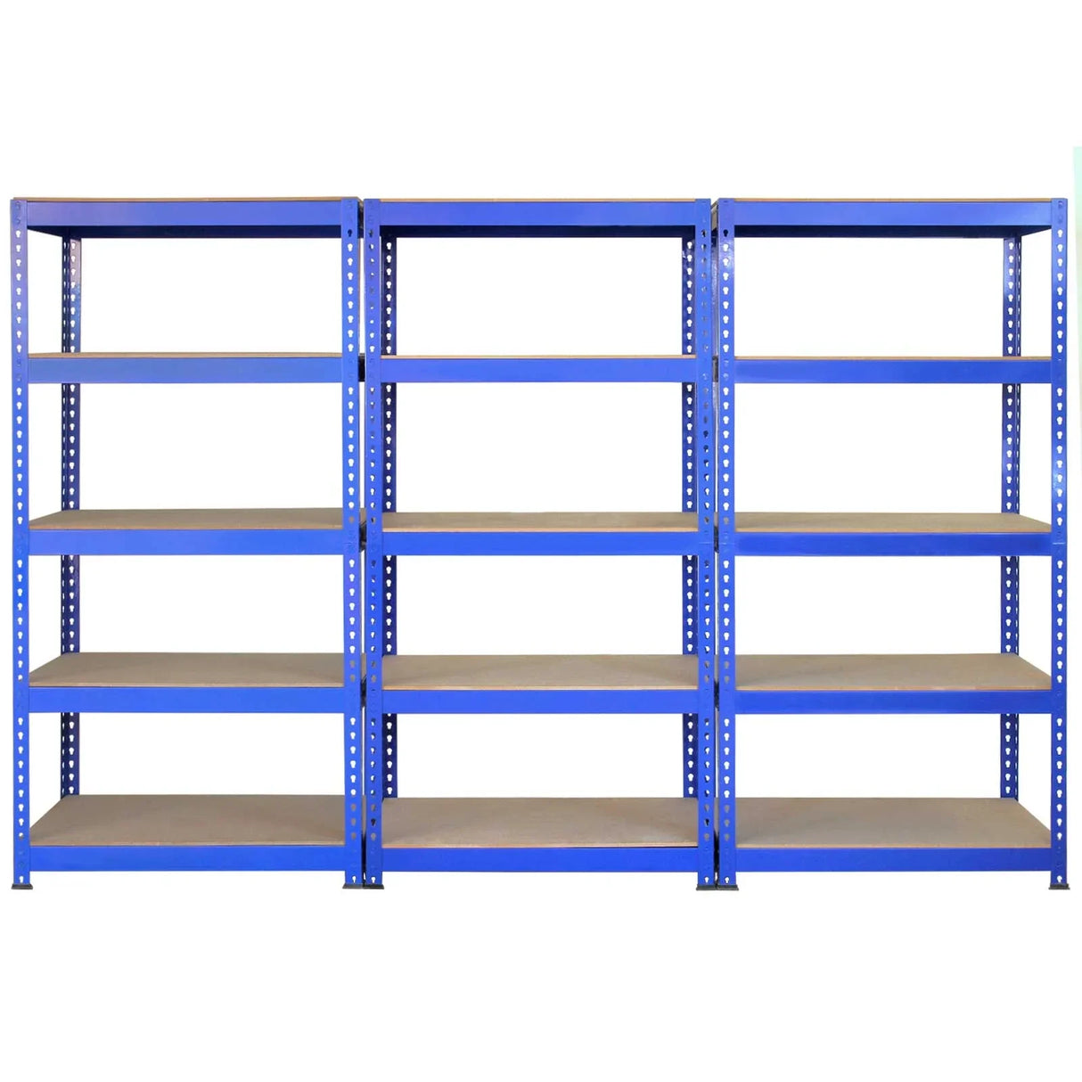 Blue metal shelving unit featuring three large and two smaller racks, each with sturdy wooden shelves for storage and organization