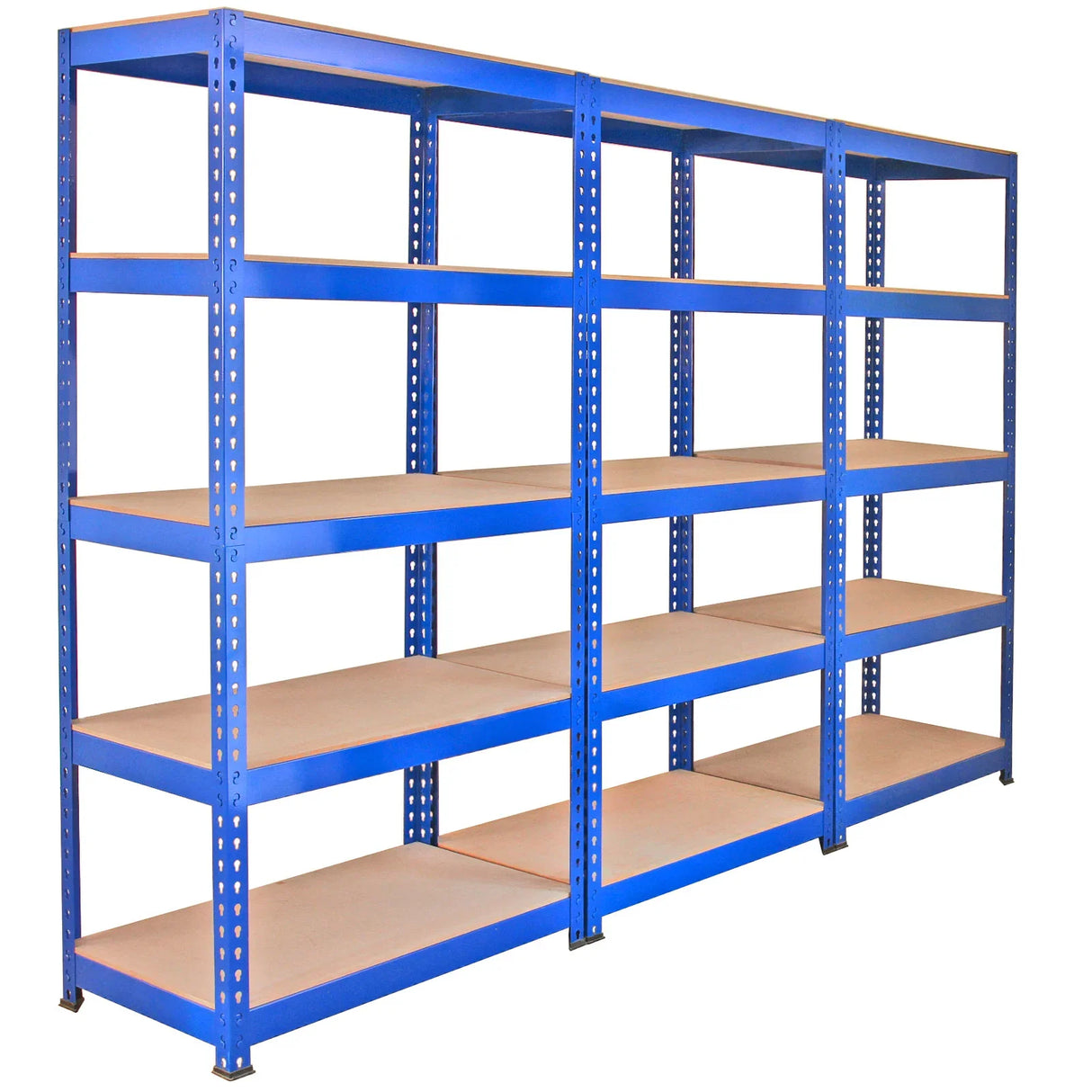 Blue metal racking system featuring three 90 x 50 x 180cm shelves and two 120 x 50 x 180cm shelves, sturdy and spacious for storage