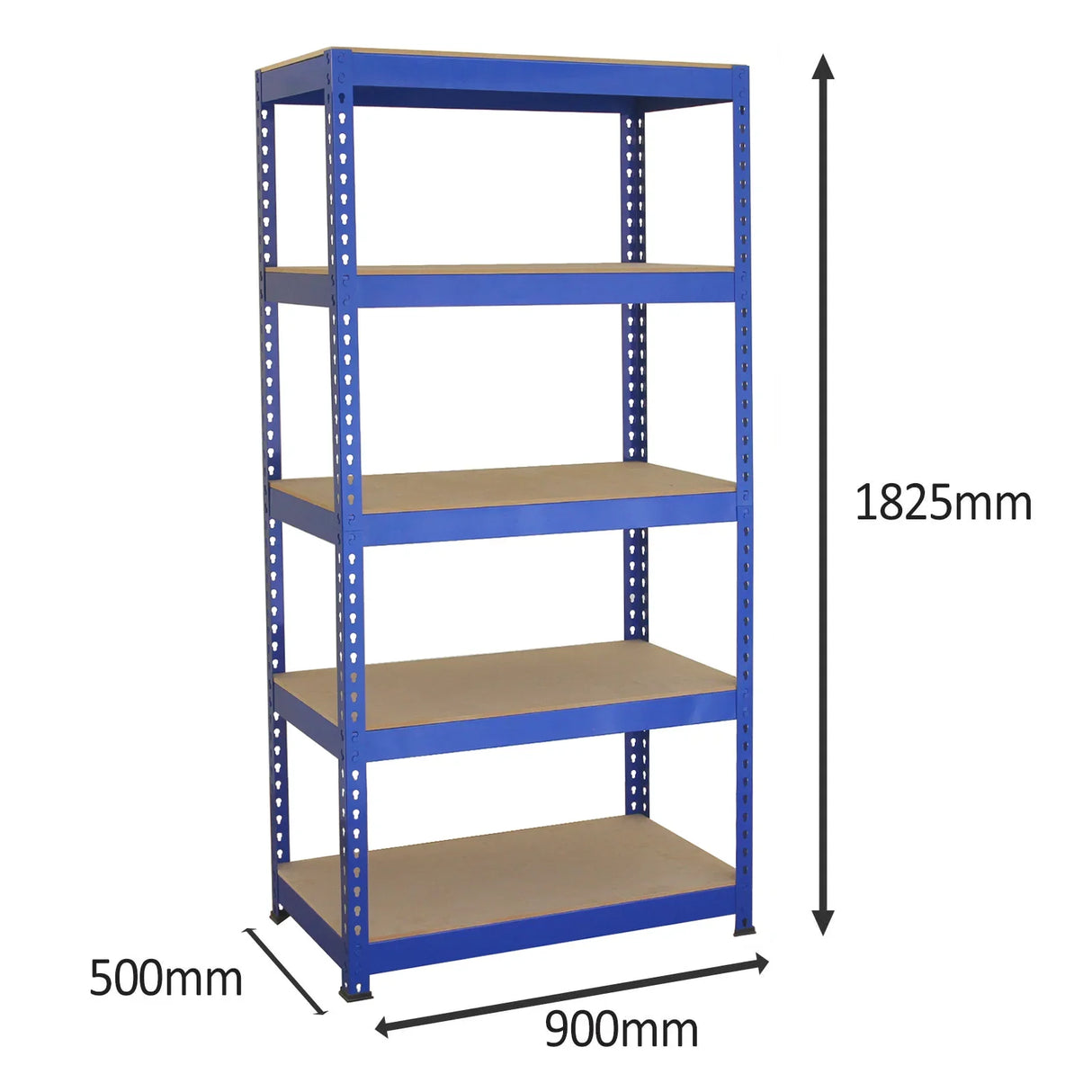 Sturdy blue metal racking unit with five shelves, measuring 90 x 50 x 180 cm, ideal for storage and organization in various spaces