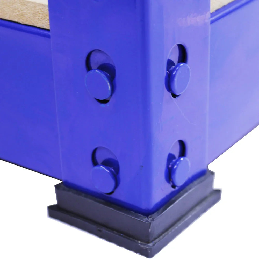 Close-up of Q-Rax blue shelving unit corner, showcasing sturdy metal frame, smooth finish, and secure bolt connections for durability