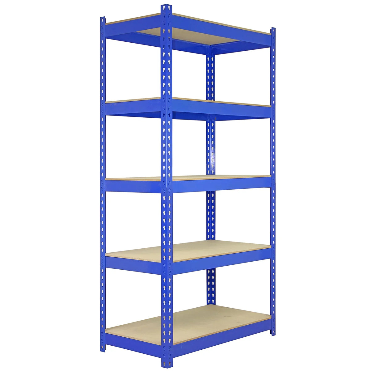 Sturdy blue metal shelving unit with five wooden shelves, measuring 90 x 50 x 180cm, ideal for storage and organization