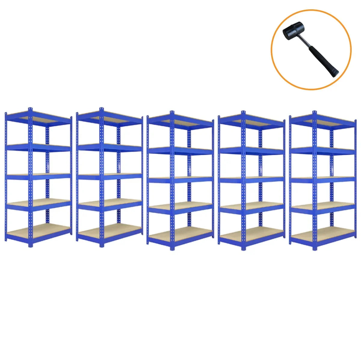 Blue metal racking units featuring three 90cm shelves and two 120cm shelves, designed for sturdy storage and organization