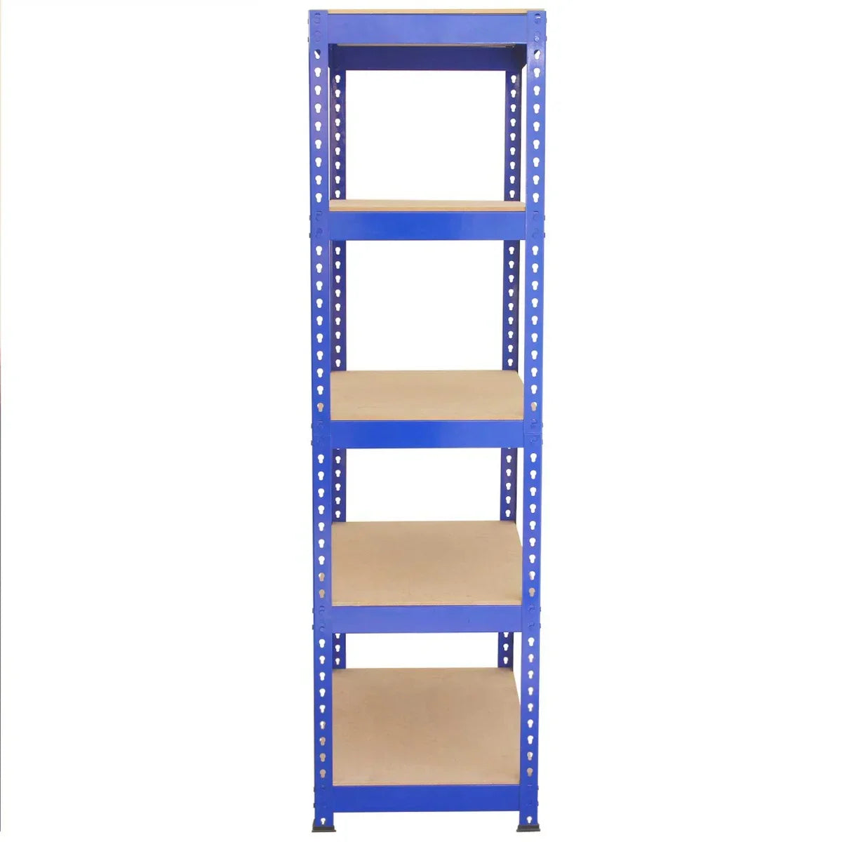 Blue metal racking unit with five sturdy shelves, featuring a sleek design and durable particleboard surfaces for storage versatility