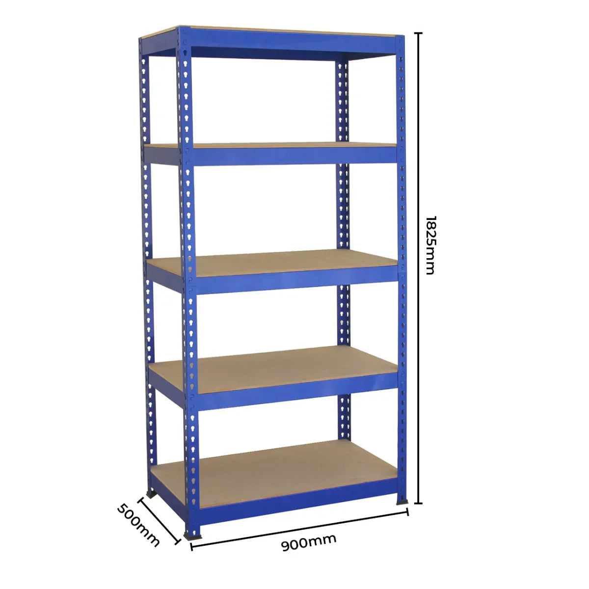 Blue metal racking unit with five shelves, measuring 1825mm high, 900mm wide, and 500mm deep, featuring a sturdy design and smooth surfaces