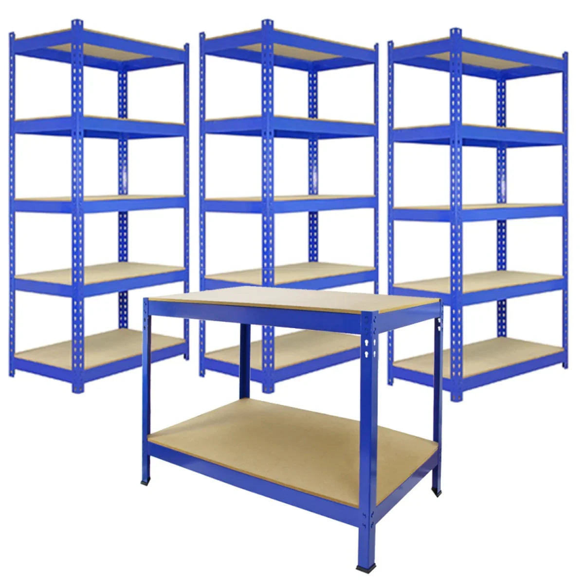 Three blue metal racking units with multiple shelves and a sturdy workbench featuring a smooth wooden top and metal frame