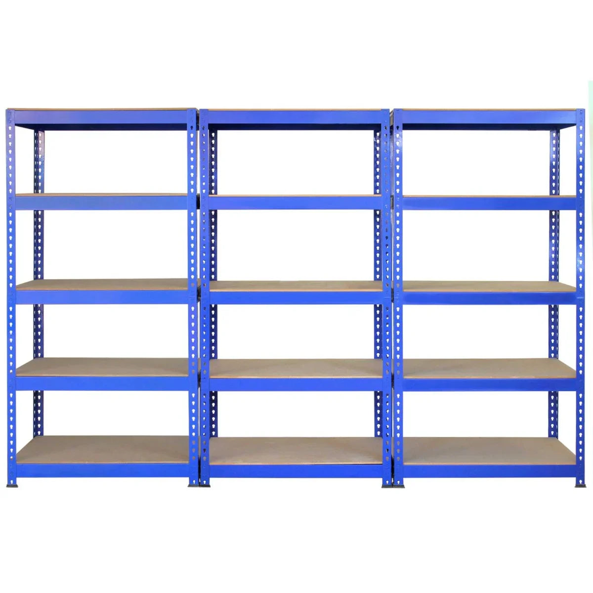 Three blue metal racking units with sturdy wooden shelves, ideal for storage and organization in garages or workshops