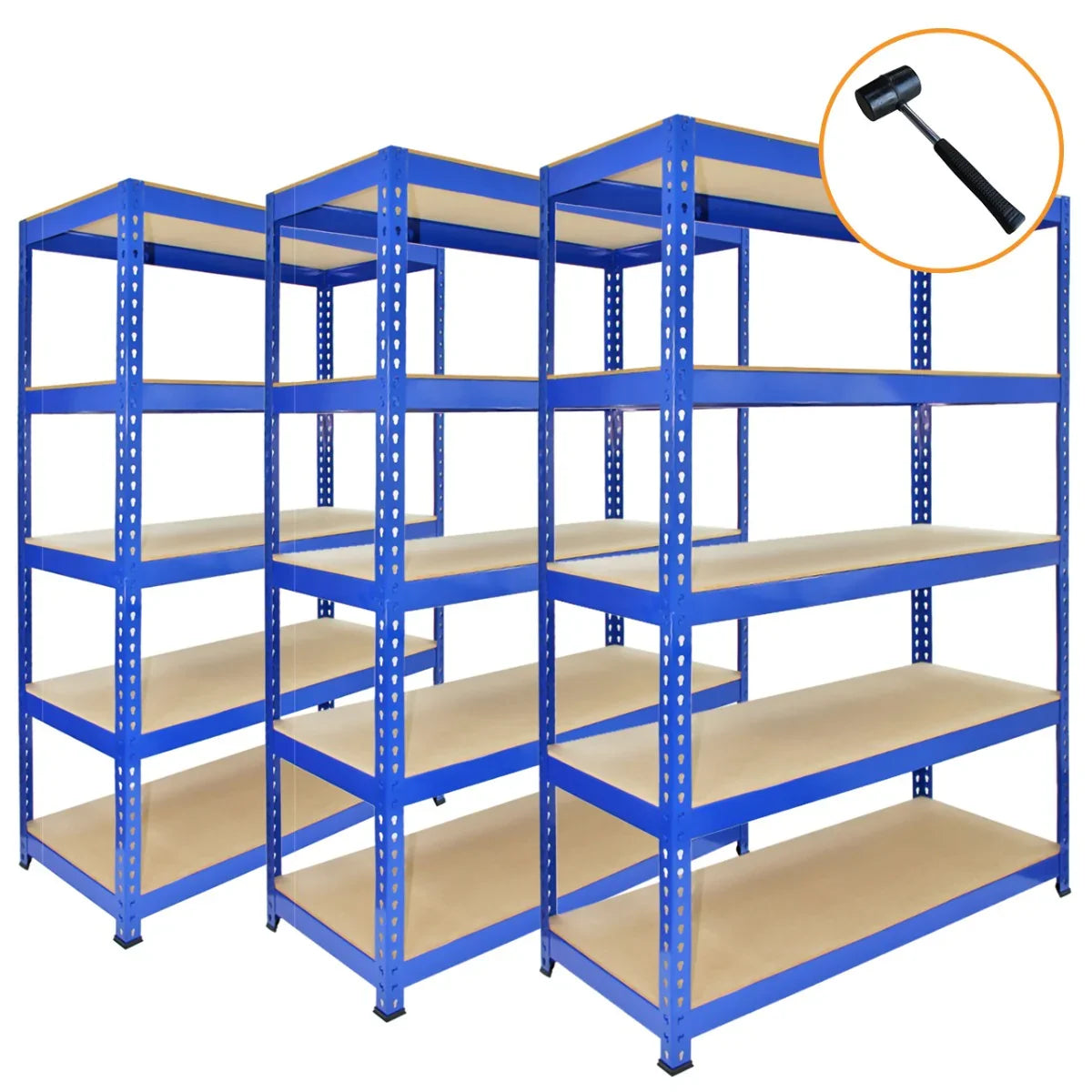 Three blue metal racking units with five shelves each, measuring 90 x 50 x 180cm, featuring sturdy construction and a smooth finish