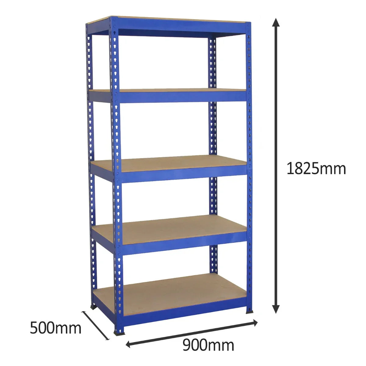 Blue metal racking unit with five shelves, measuring 90 x 50 x 180cm, featuring a sturdy design and smooth surfaces for storage