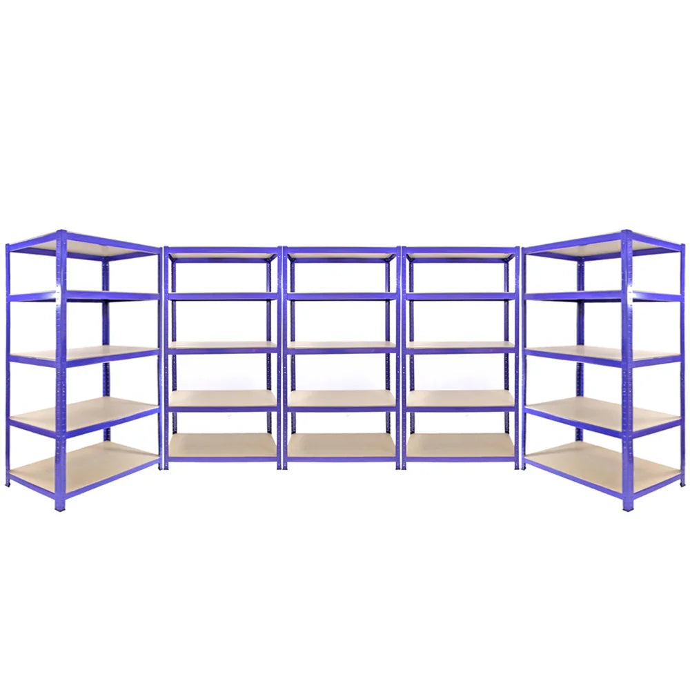 Blue metal racking system featuring three 90x50x180cm shelves and two 120x50x180cm shelves, sturdy with wooden shelves