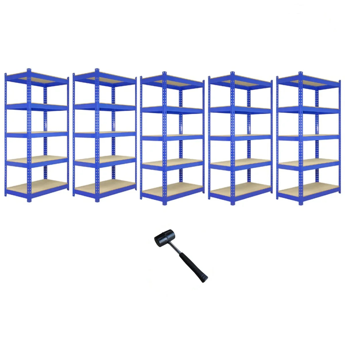 Five blue metal racking units, each 90 x 50 x 180cm, with wooden shelves, arranged in a row with a rubber mallet in front