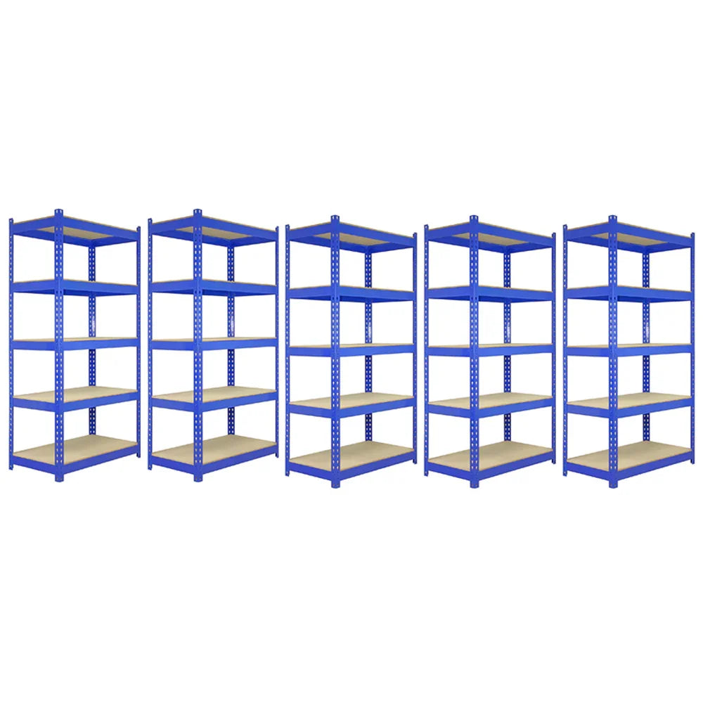 Five blue metal shelving units, each 90 x 50 x 180cm, featuring sturdy wooden shelves and a sleek, industrial design