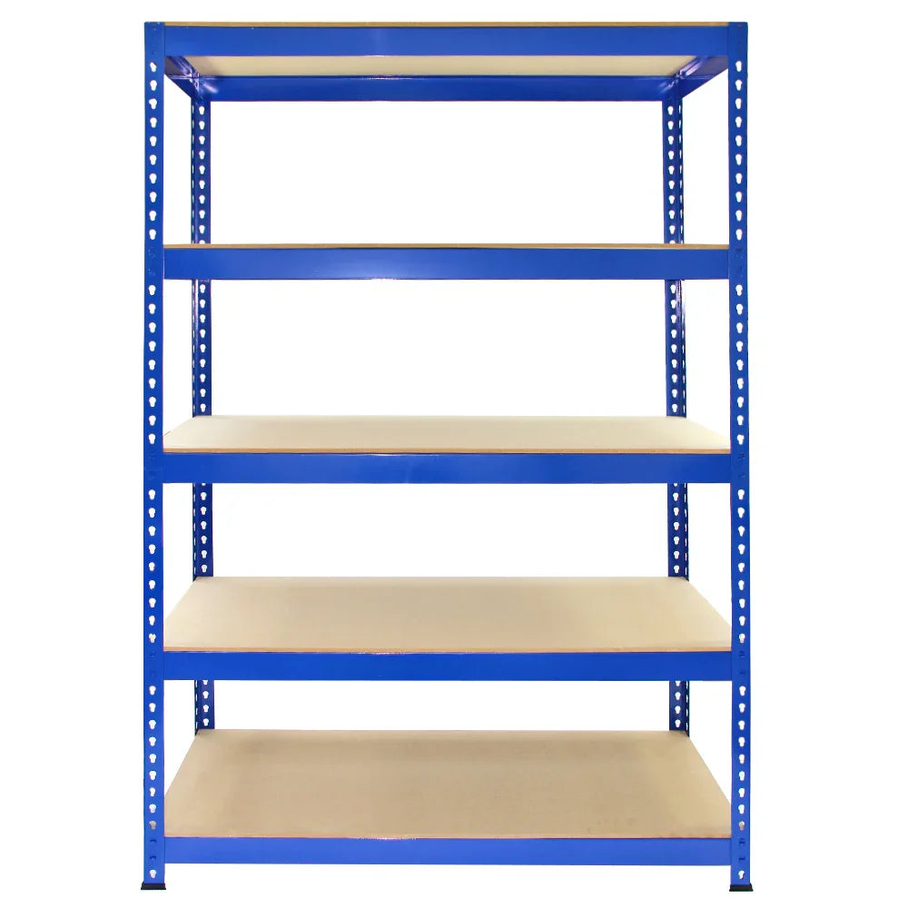 Q-Rax blue metal shelving unit with five sturdy shelves, measuring 120cm x 180cm x 50cm, ideal for storage and organization