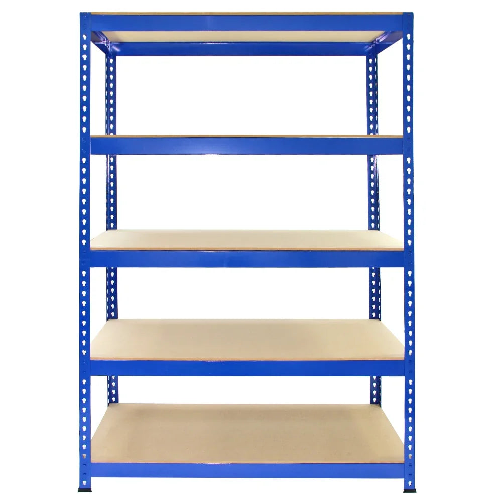 Blue metal shelving unit with five sturdy shelves, featuring a sleek design and durable construction, ideal for storage solutions