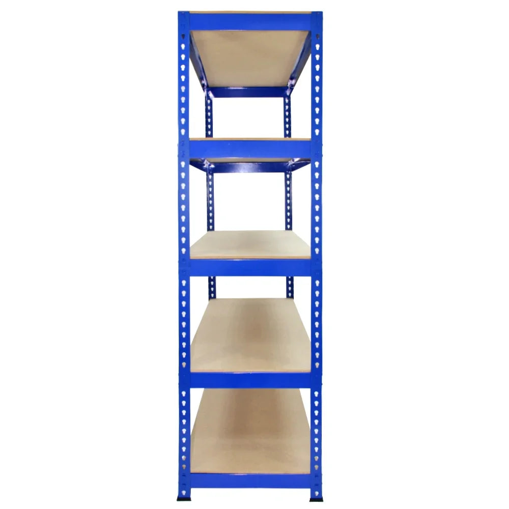 Blue metal shelving unit with five sturdy shelves, featuring a sleek design and durable wooden surfaces for storage and organization