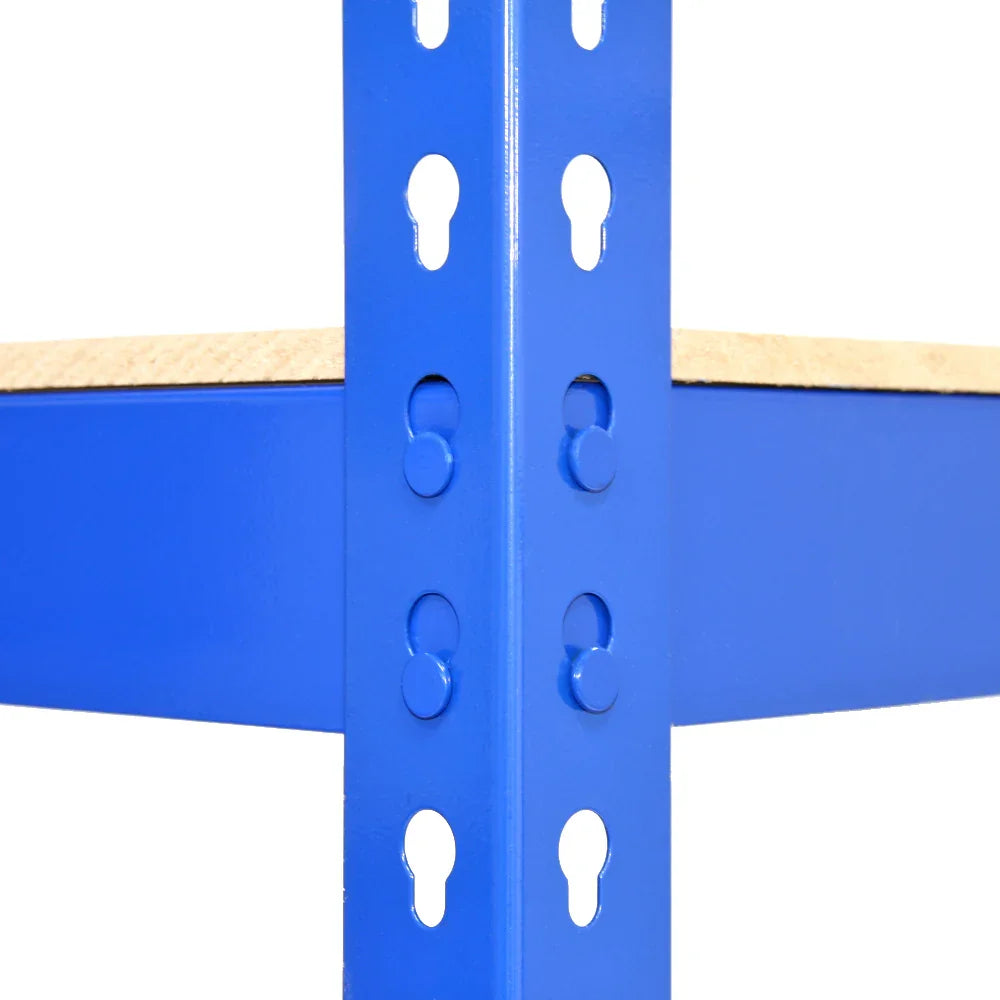Close-up of Q-Rax blue metal shelving unit corner, showcasing sturdy steel construction and smooth finish with adjustable shelves