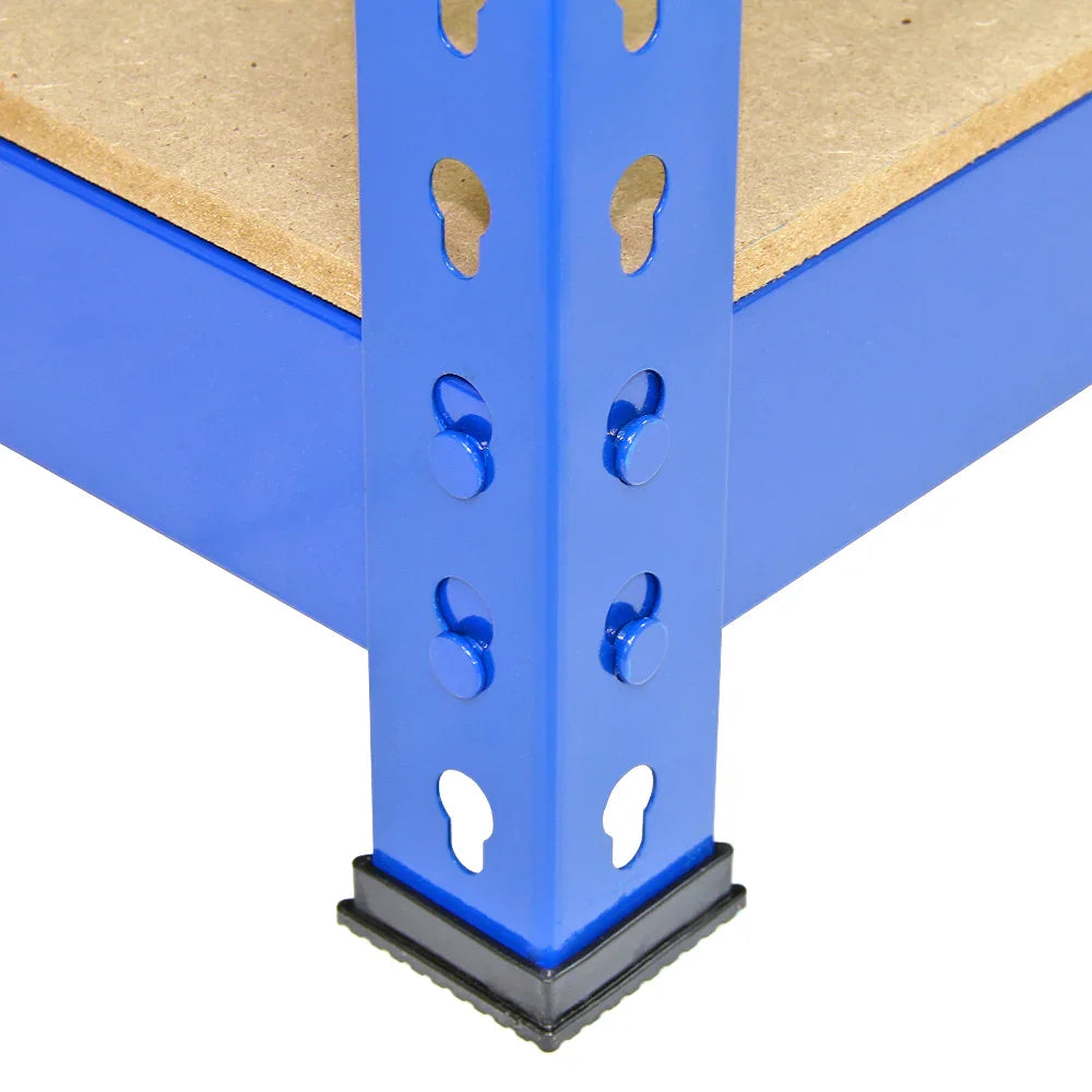 Blue metal frame of a Q-Rax warehouse shelf with a sturdy particleboard top and adjustable height, showcasing durability and stability