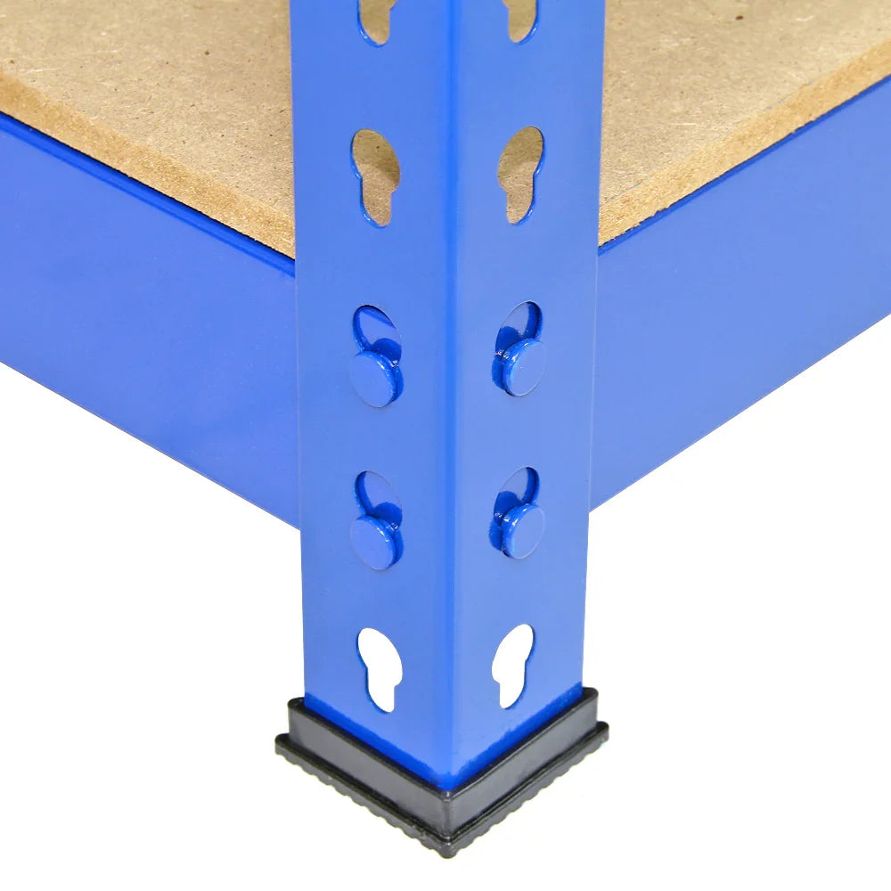 Blue metal shelving unit corner with sturdy support beams, smooth finish, and a durable particleboard shelf for storage solutions