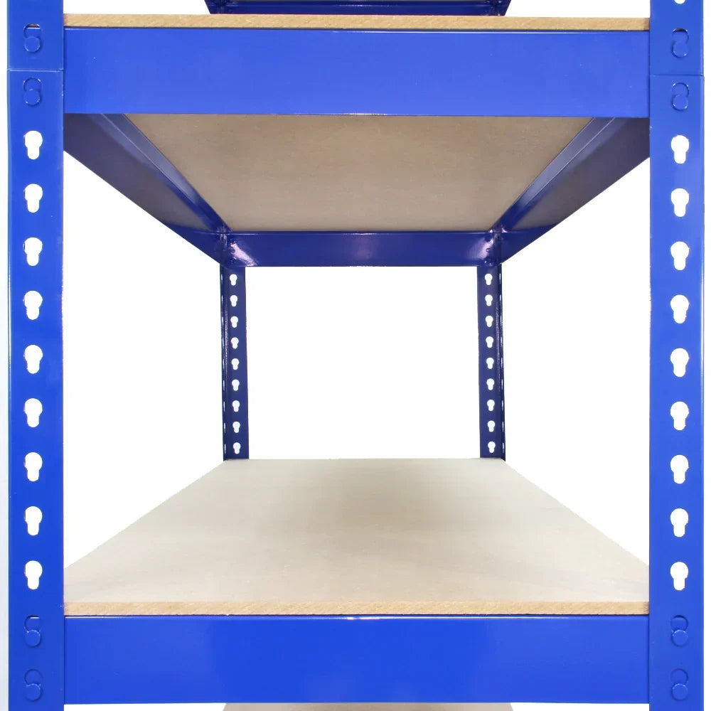 Blue metal shelving unit with three spacious shelves, featuring a sturdy design and smooth, light-colored wooden surfaces