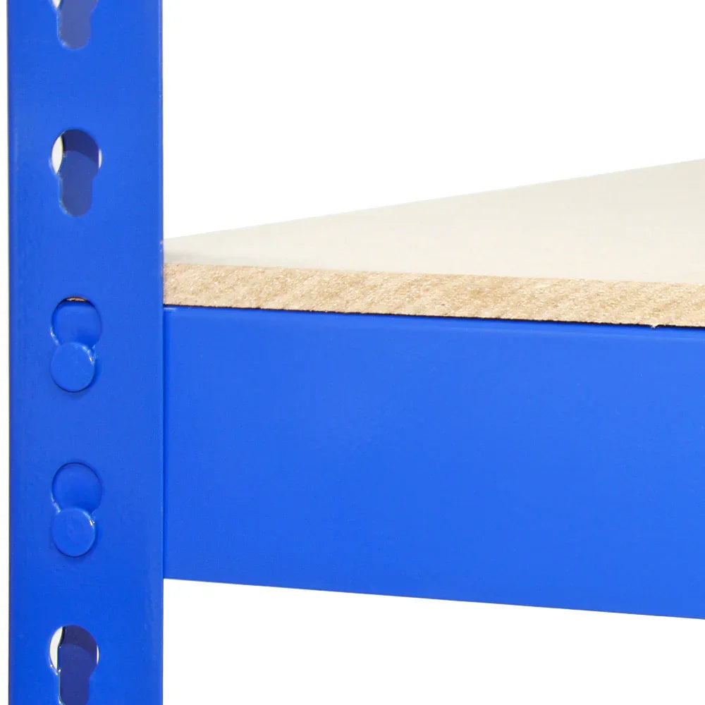 Q-Rax blue metal shelving unit with a sturdy particle board shelf, featuring a sleek design and durable construction for storage solutions