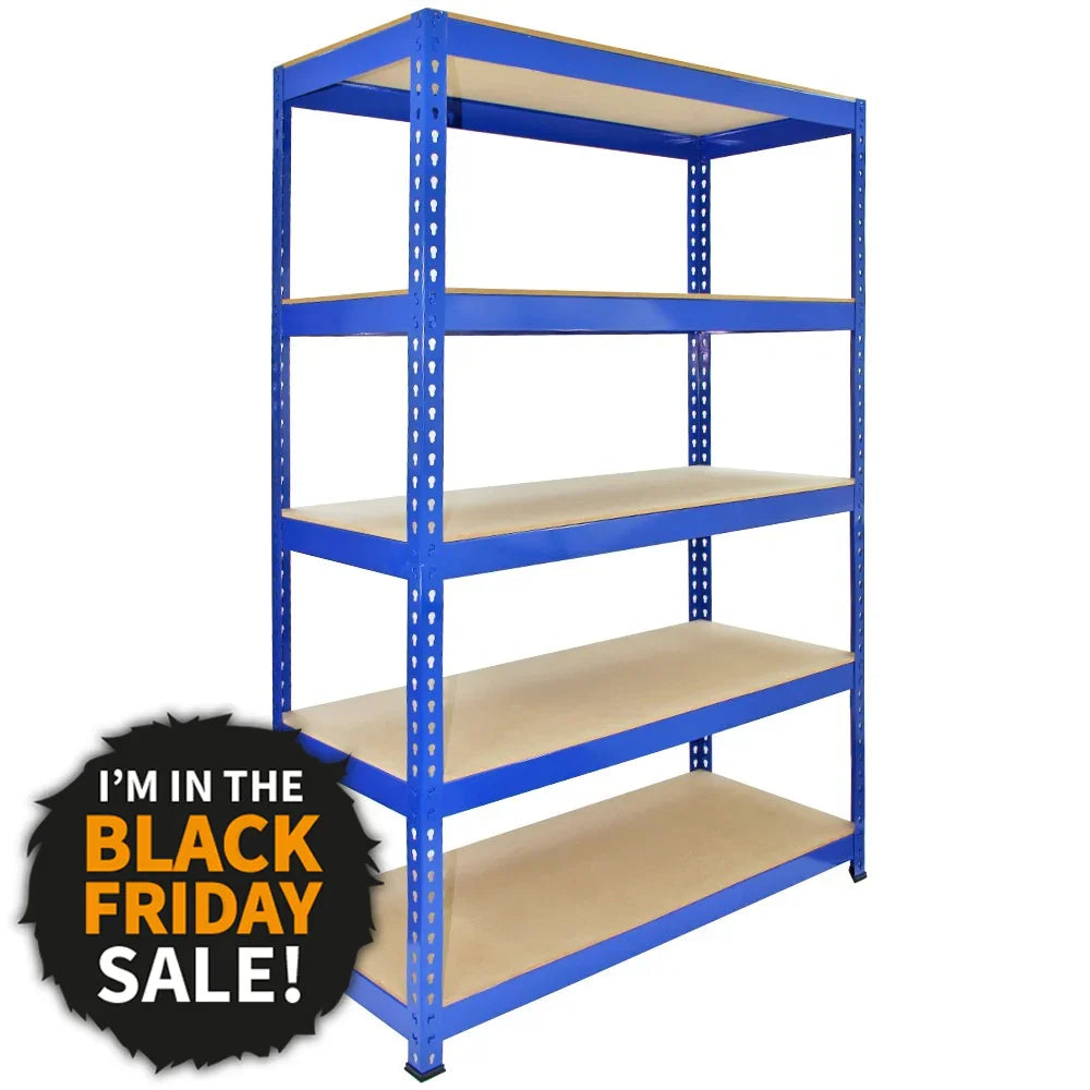 Q-Rax blue metal shelving unit with five sturdy wooden shelves, ideal for storage, measuring 120cm x 180cm x 50cm, on sale
