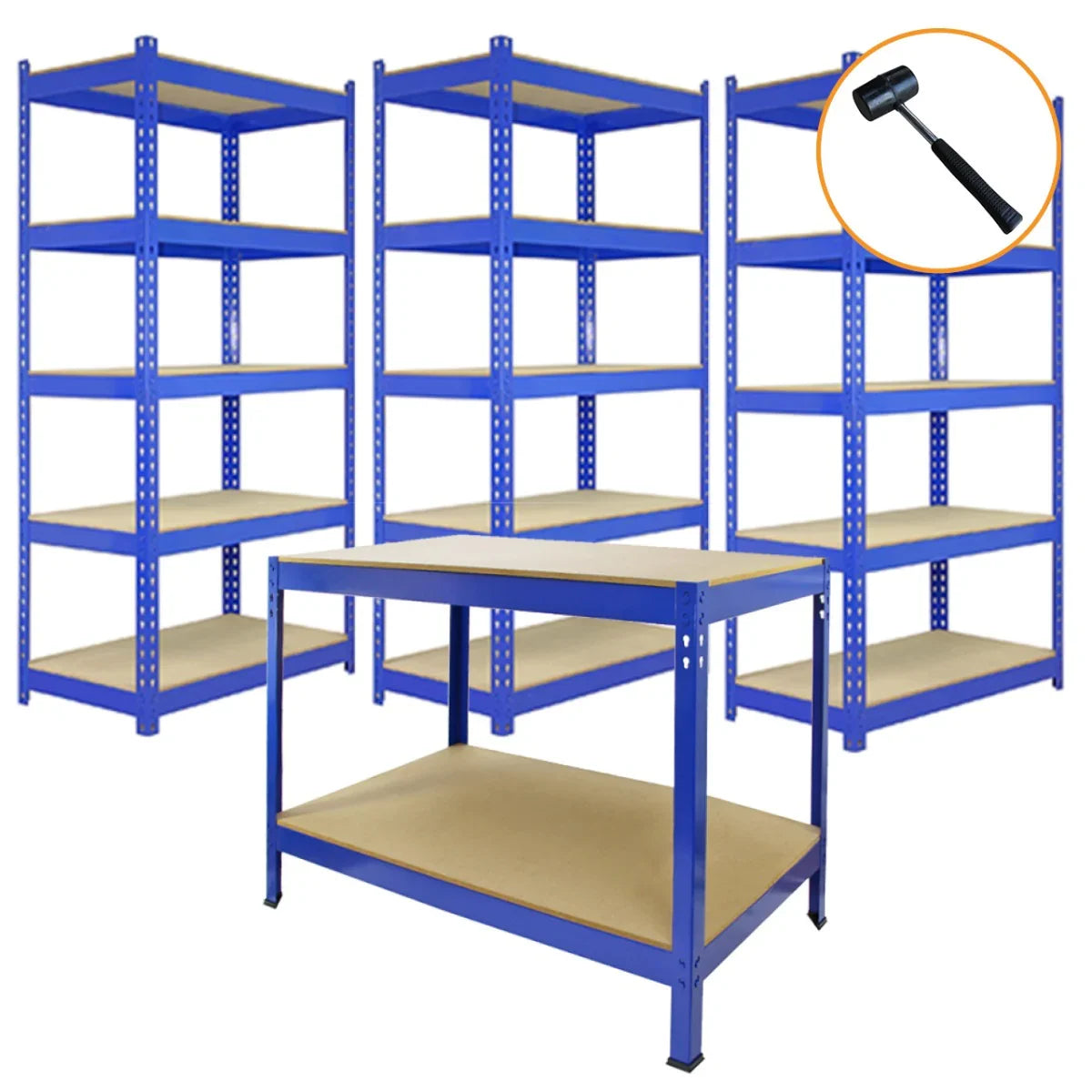 Blue metal racking units featuring three 120cm shelves and two 90cm shelves, with sturdy wooden surfaces and a robust design