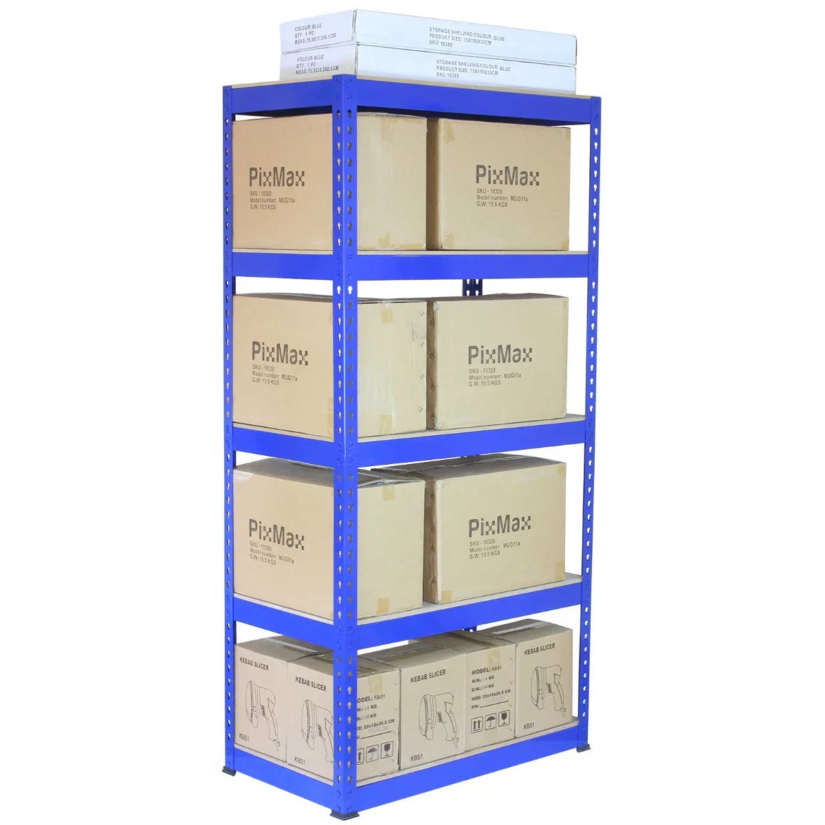 Blue metal racking unit with five shelves, displaying cardboard boxes, ideal for storage and organization in home or office settings