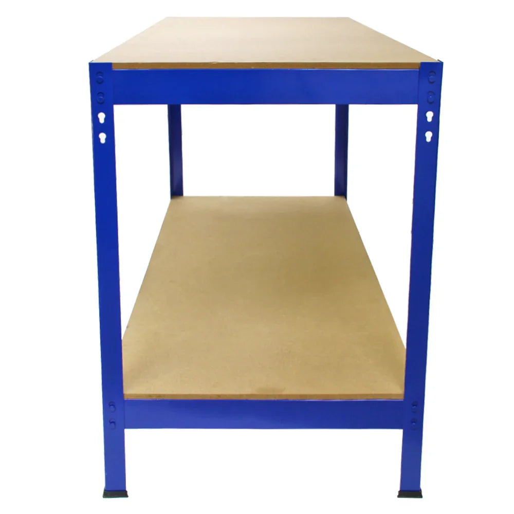Blue metal racking unit with two sturdy shelves, featuring a smooth MDF surface and a durable frame for heavy storage needs