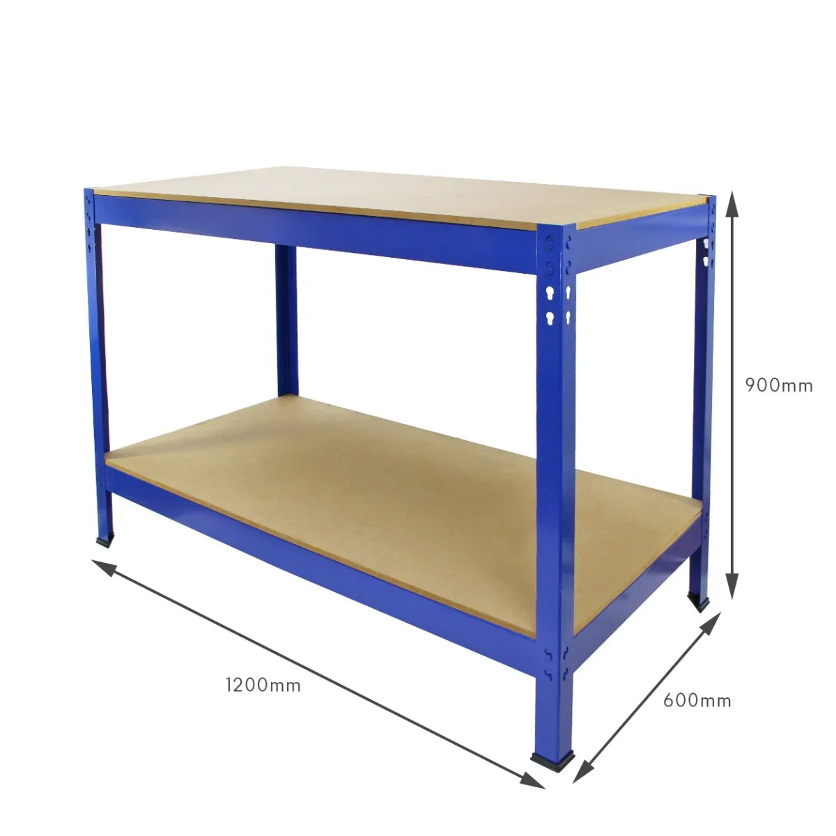 Blue metal racking unit with two sturdy shelves, featuring a smooth MDF surface, dimensions 120cm x 60cm x 90cm