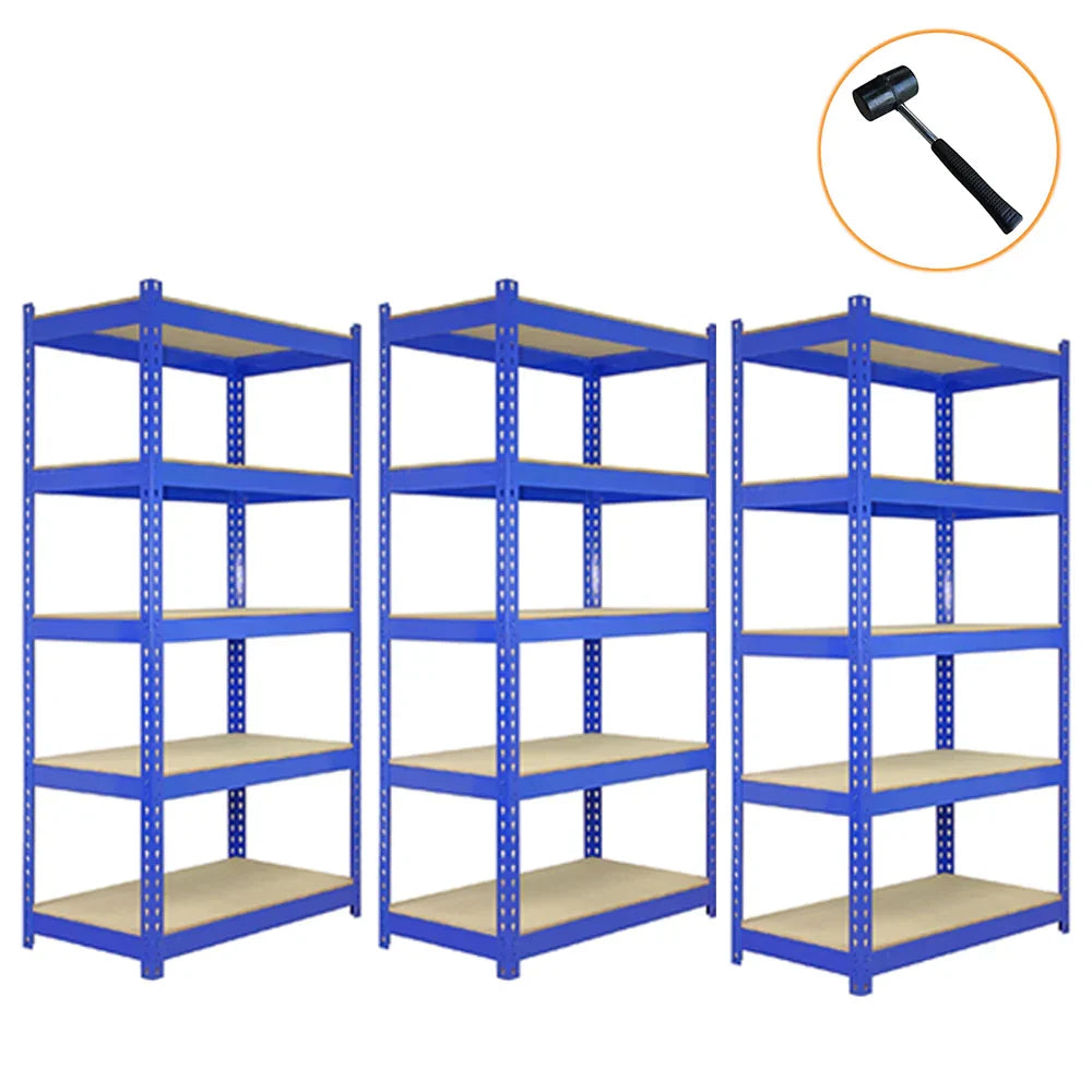 Three blue metal racking units, each 120 x 50 x 180cm, featuring sturdy shelves and a sleek design, ideal for storage solutions