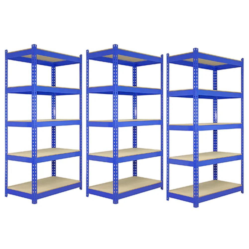 Three blue metal racking units, each 120 x 50 x 180cm, featuring sturdy shelves and a sleek design, ideal for storage solutions