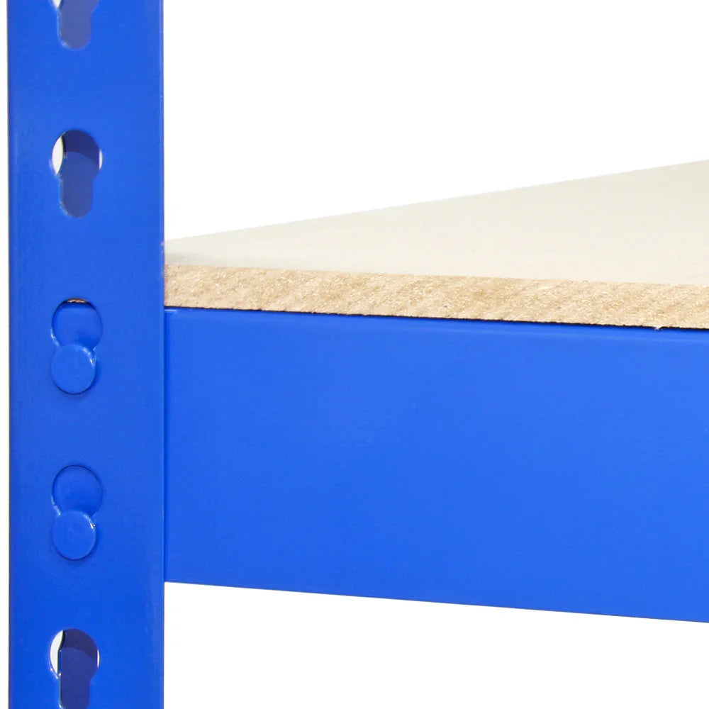 Blue metal racking unit with a sturdy wooden shelf, showcasing a close-up of the vibrant blue frame and smooth surface texture