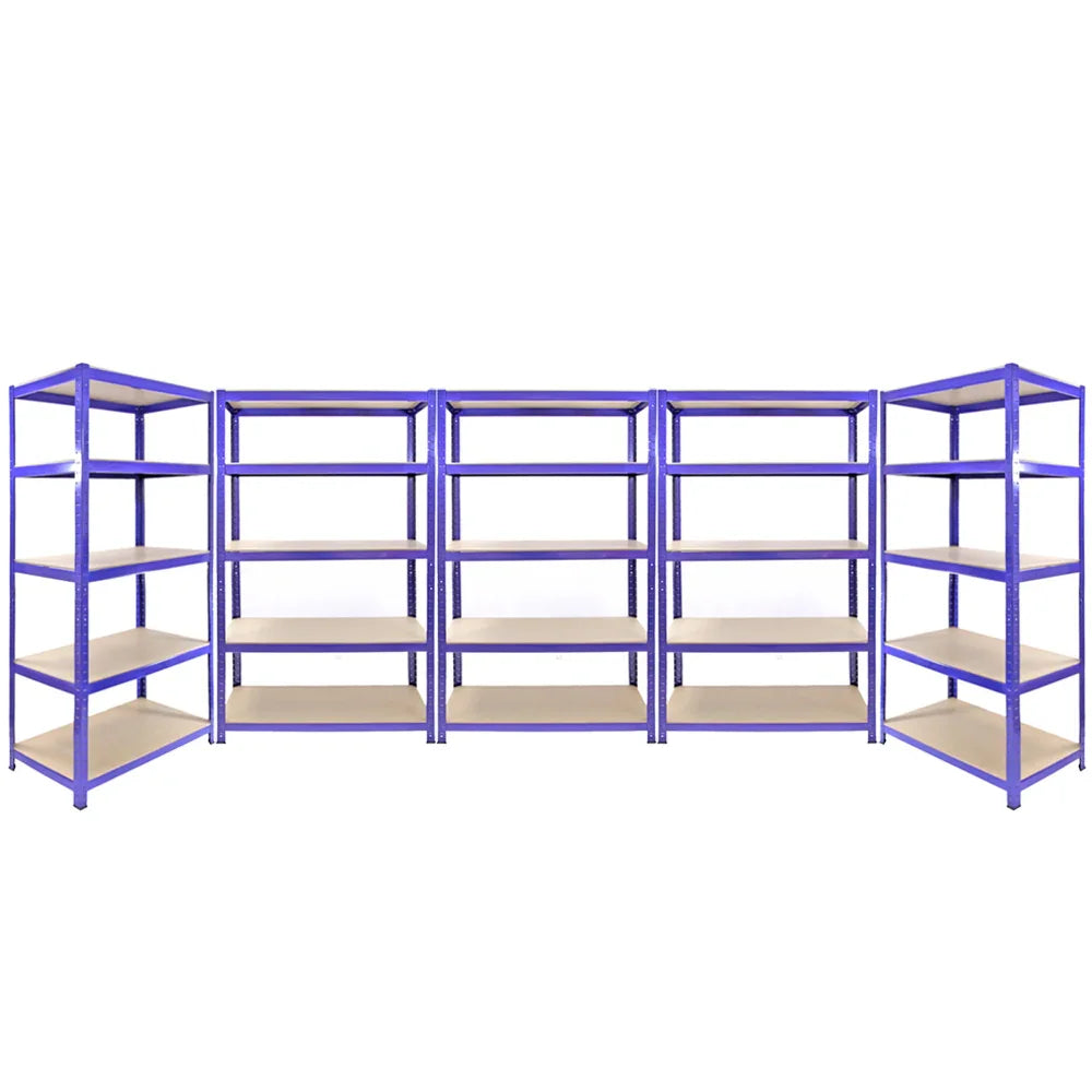 Blue metal shelving unit set featuring three 120x50x180cm Q-Rax shelves and two 90x50x180cm Racking shelves with wooden surfaces