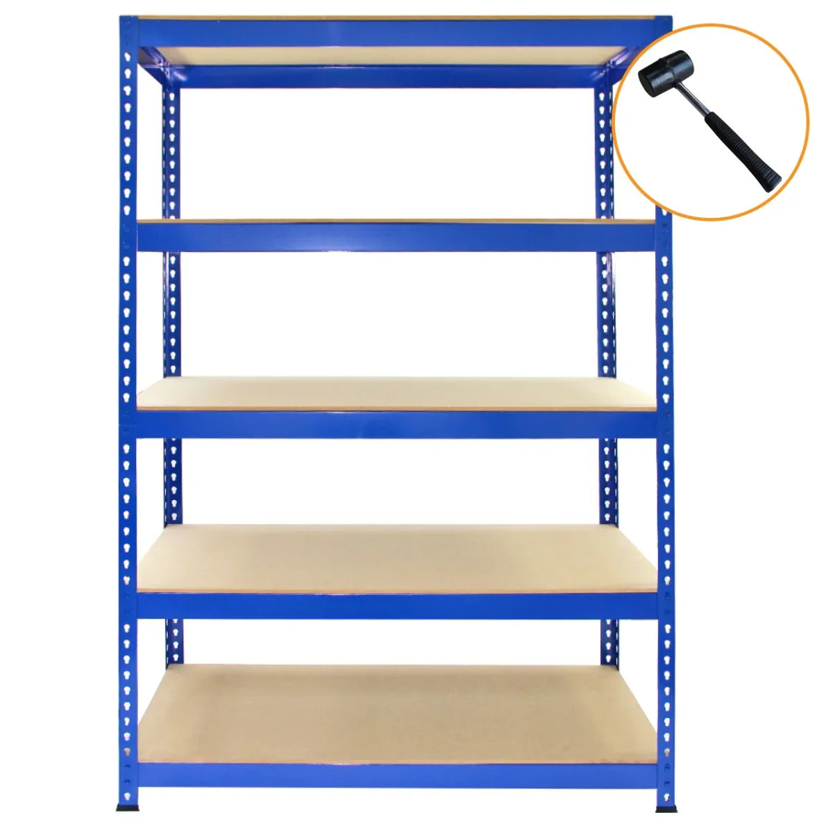 Q-Rax blue metal racking unit with five sturdy shelves, measuring 120 x 50 x 180cm, featuring a smooth, durable surface and robust construction