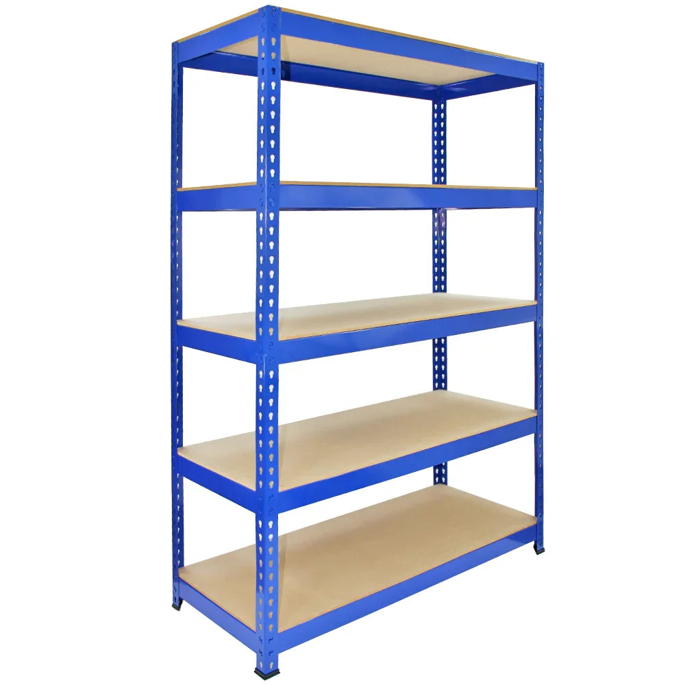 Sturdy blue metal racking unit with five wooden shelves, measuring 120 x 50 x 180cm, ideal for storage and organization